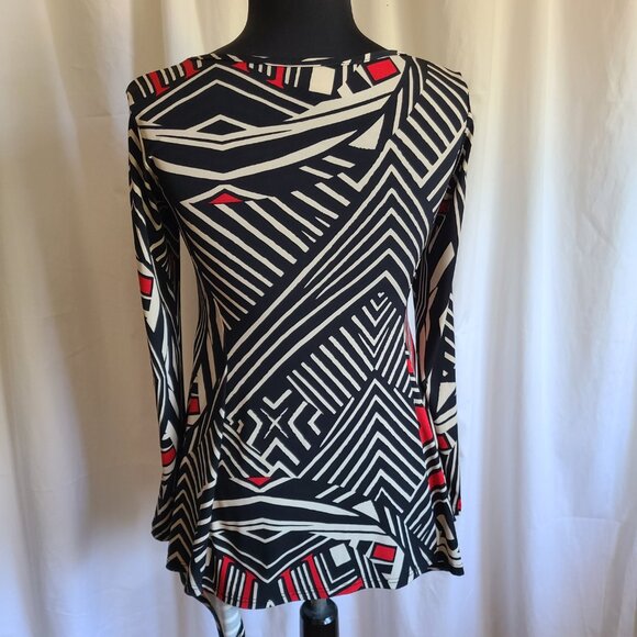 Vintage Jon Den Brand Black Tan Red Scoopneck Handkerchief Hem Blouse Size Small - Picture 3 of 4